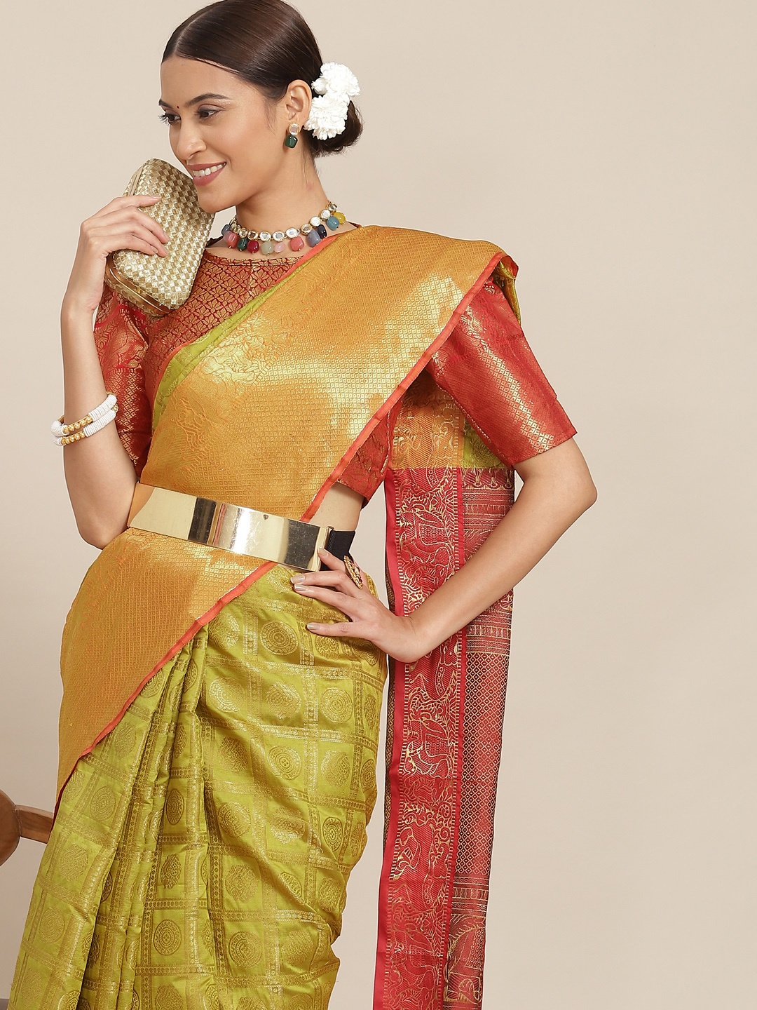 

Mitera Mustard Green & Red Ethnic Motifs Zari Silk Blend Kasavu Saree with Blouse Piece