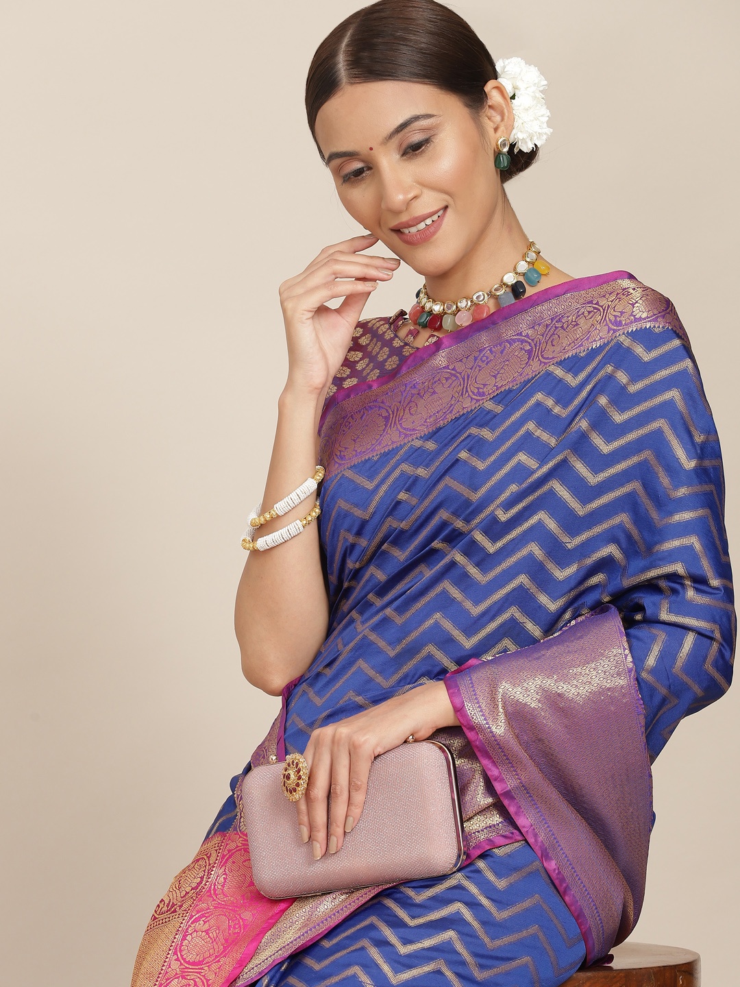 

Mitera Blue Ethnic Motifs Zari Silk Blend Kasavu Saree with Blouse Piece