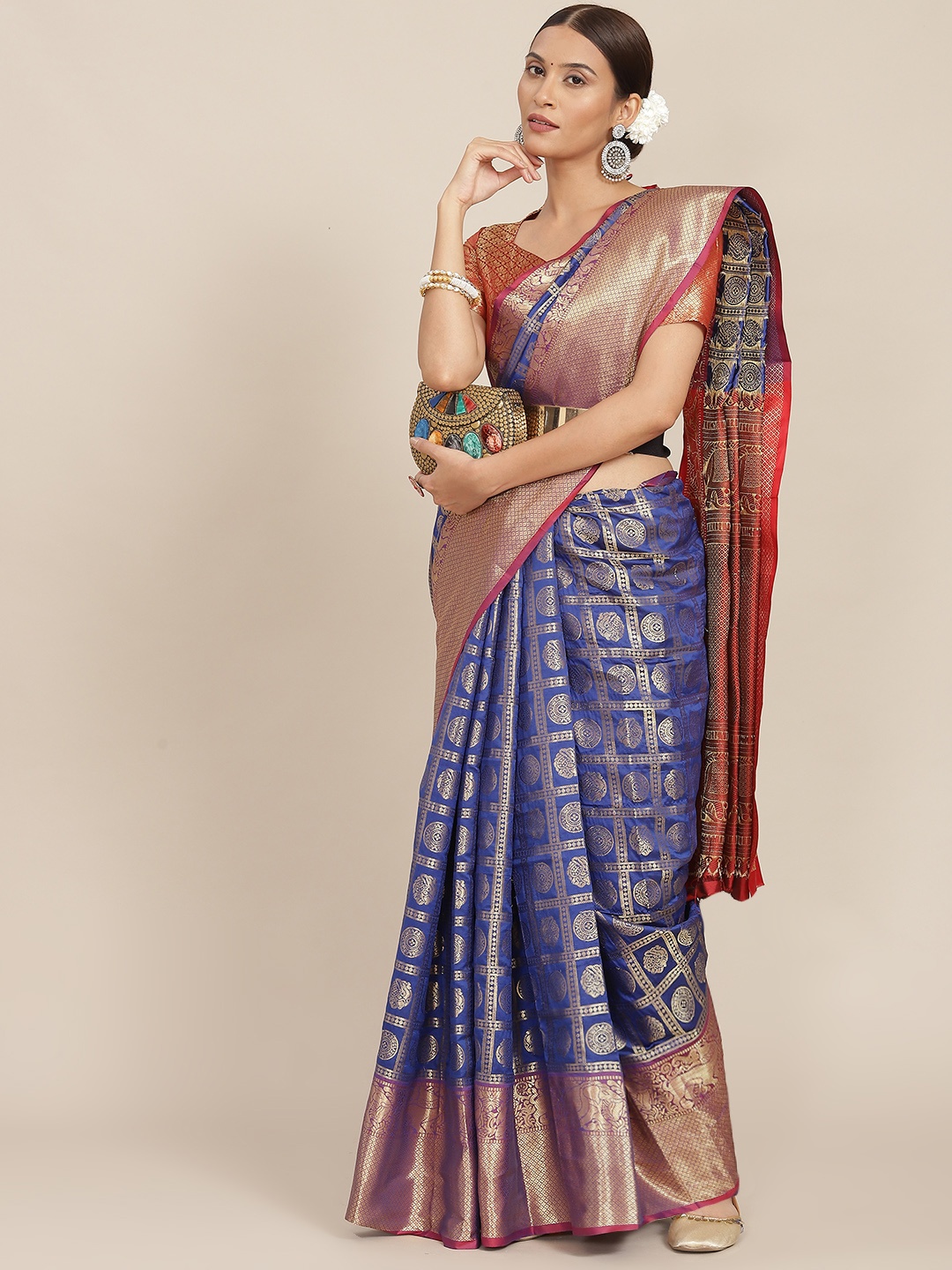 

Mitera Blue & Red Ethnic Motifs Zari Silk Blend Kasavu Saree with Blouse Piece