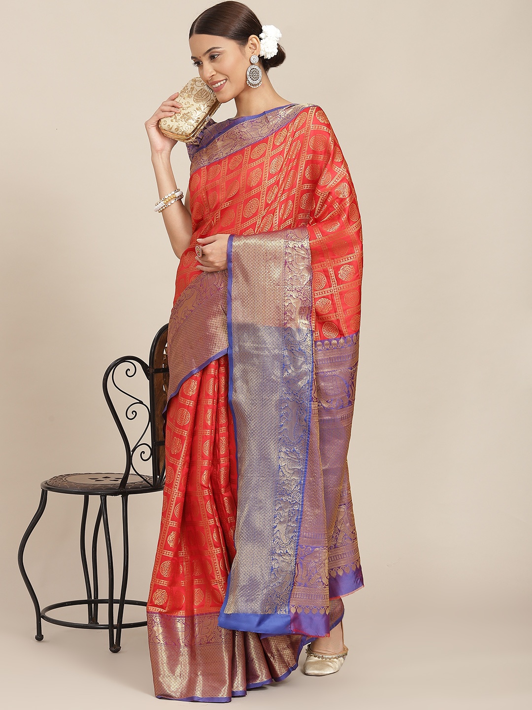 

Mitera Red & Blue Ethnic Motifs Zari Woven Design Kasavu Saree with Blouse Piece