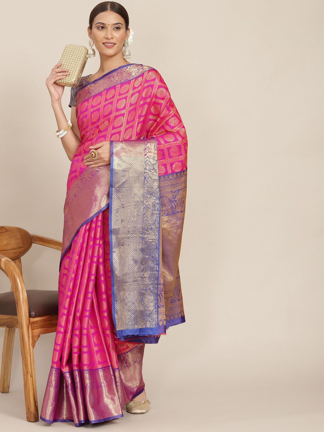 

Mitera Pink & Blue Ethnic Motifs Zari Silk Blend Kasavu Saree with Blouse Piece