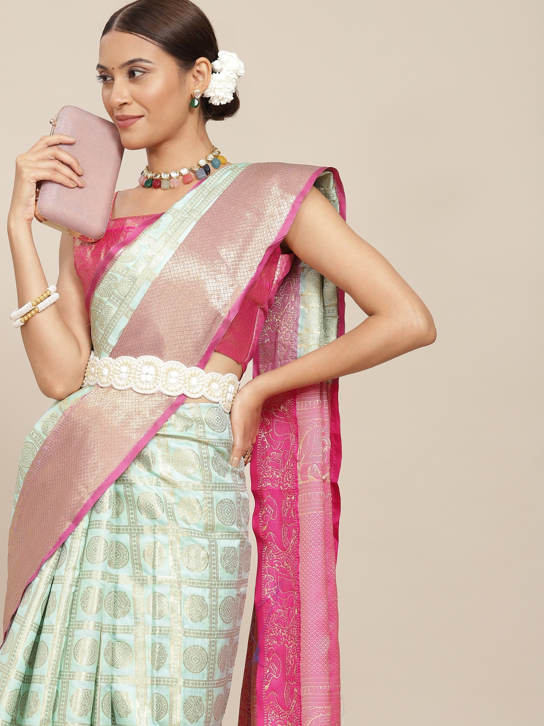 

Mitera Blue & Pink Woven Design Zari Silk Blend Kasavu Saree with Blouse Piece