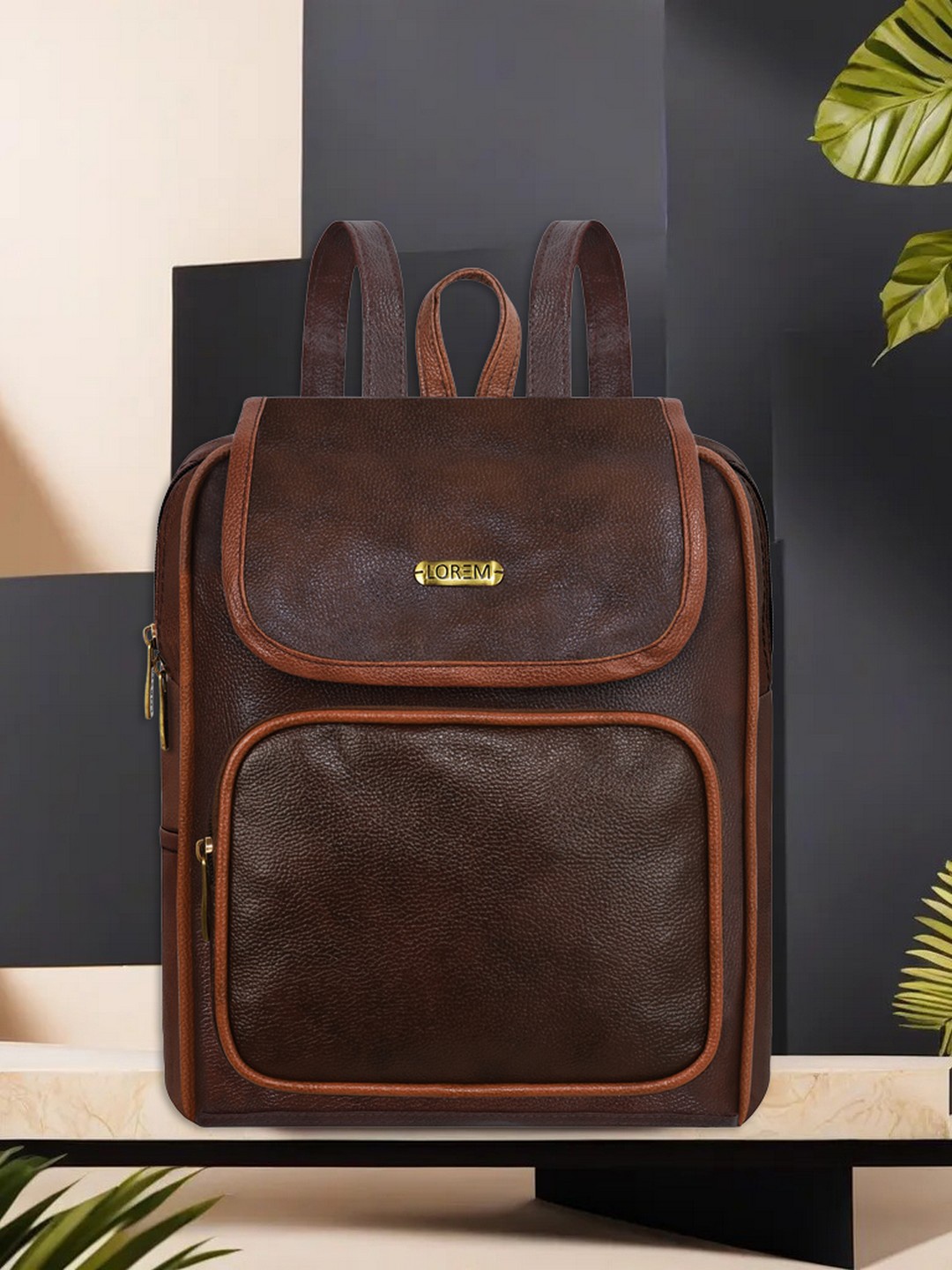 

LOREM Women Brown & Gold-Toned Solid Backpack