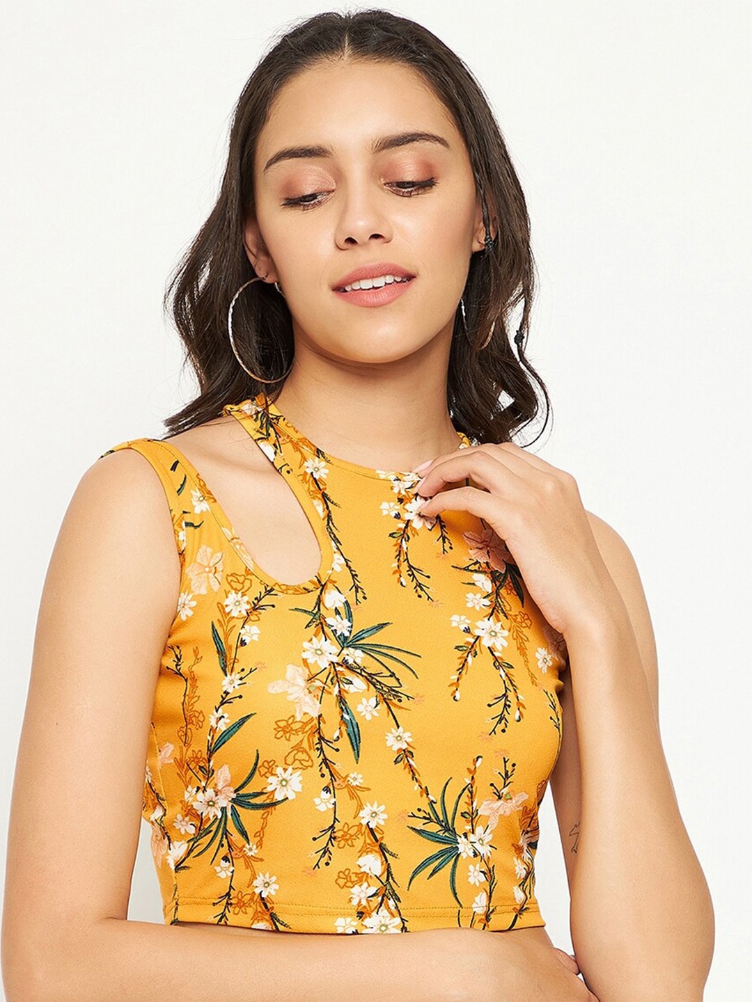 

Uptownie Lite Women Floral Print Stretchable High Neck Cut-out Crop Top, Yellow