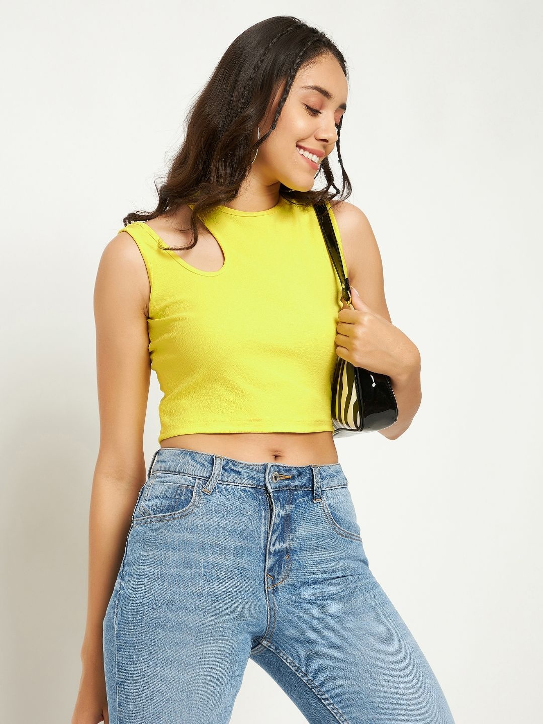 

Uptownie Lite Women Stretchable High Neck Cut-out Crop Top, Yellow