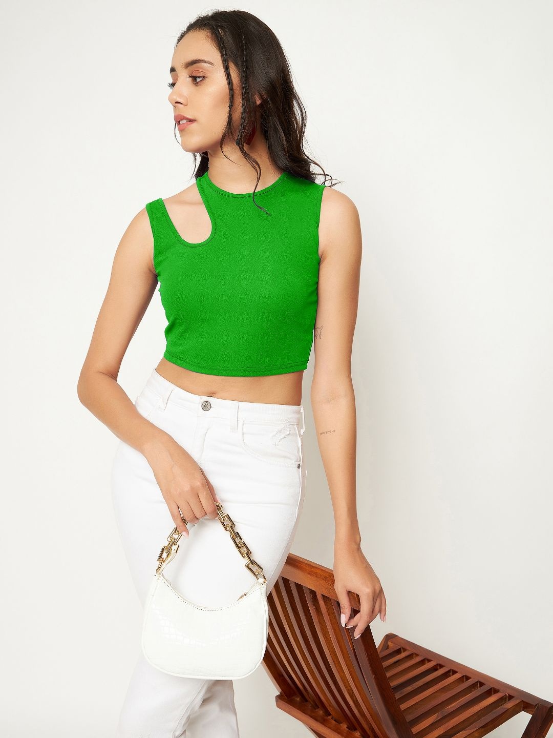 

Uptownie Lite Women Stretchable High Neck Cut-out Crop Top, Green