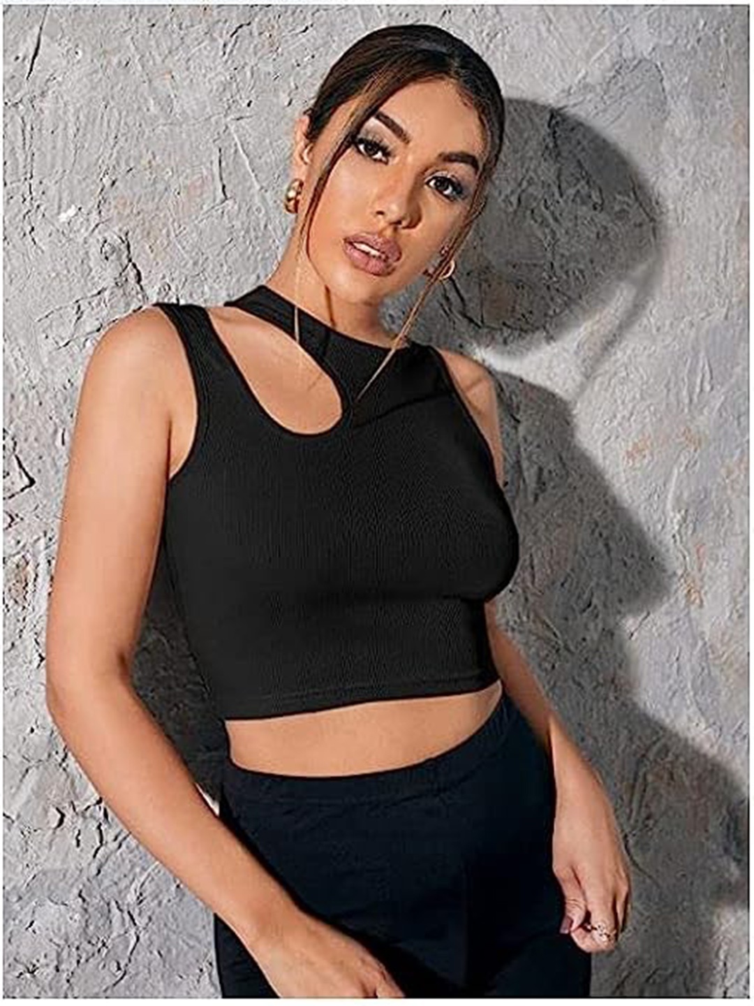 

Uptownie Lite Women Stretchable High Neck Cut-out Crop Top, Black