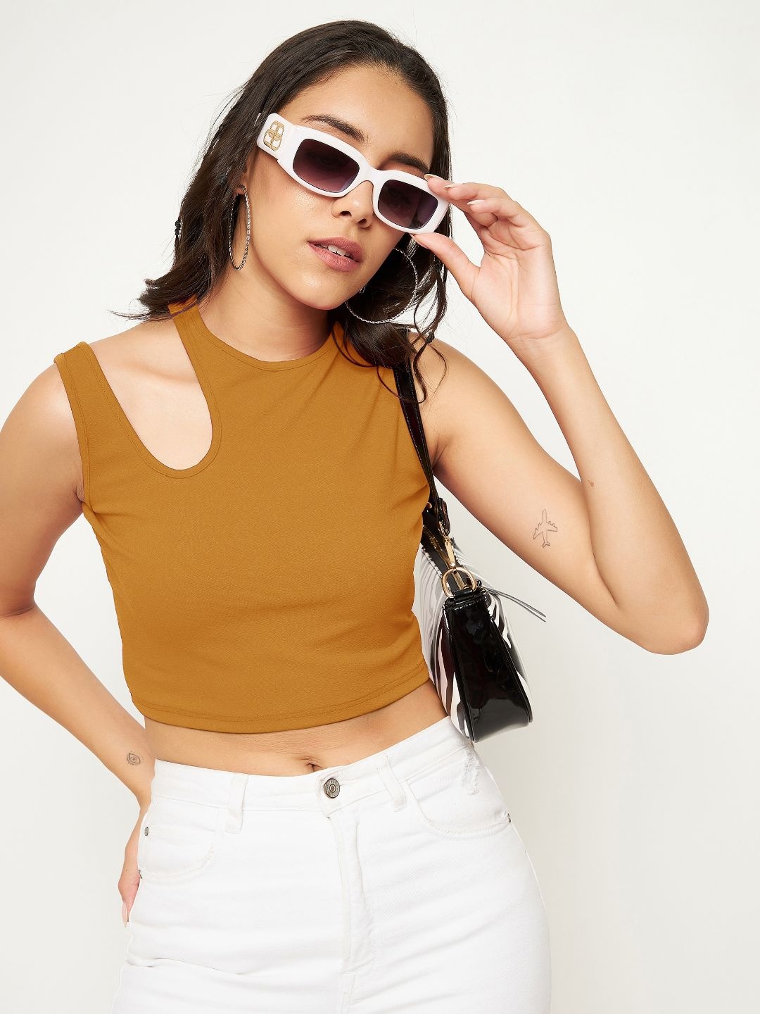 

Uptownie Lite Women Stretchable High Neck Cut-out Crop Top, Yellow