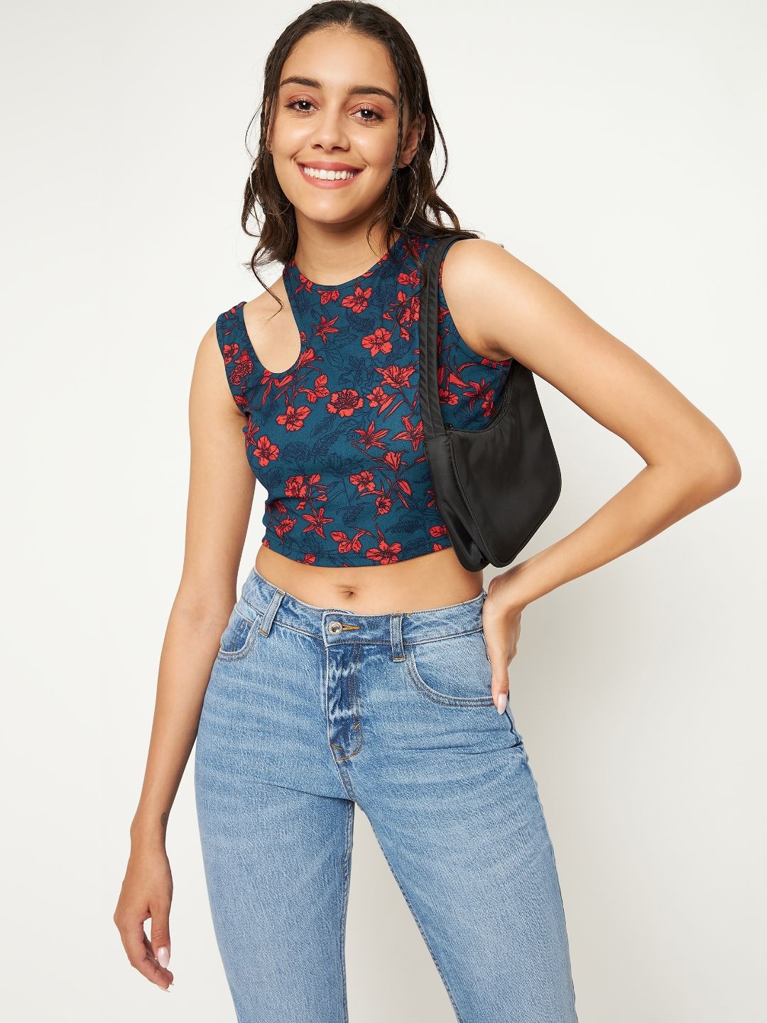 

Uptownie Lite Women Navy Blue & Red Floral Print Stretchable Sleeveless Cut-Out Crop Top