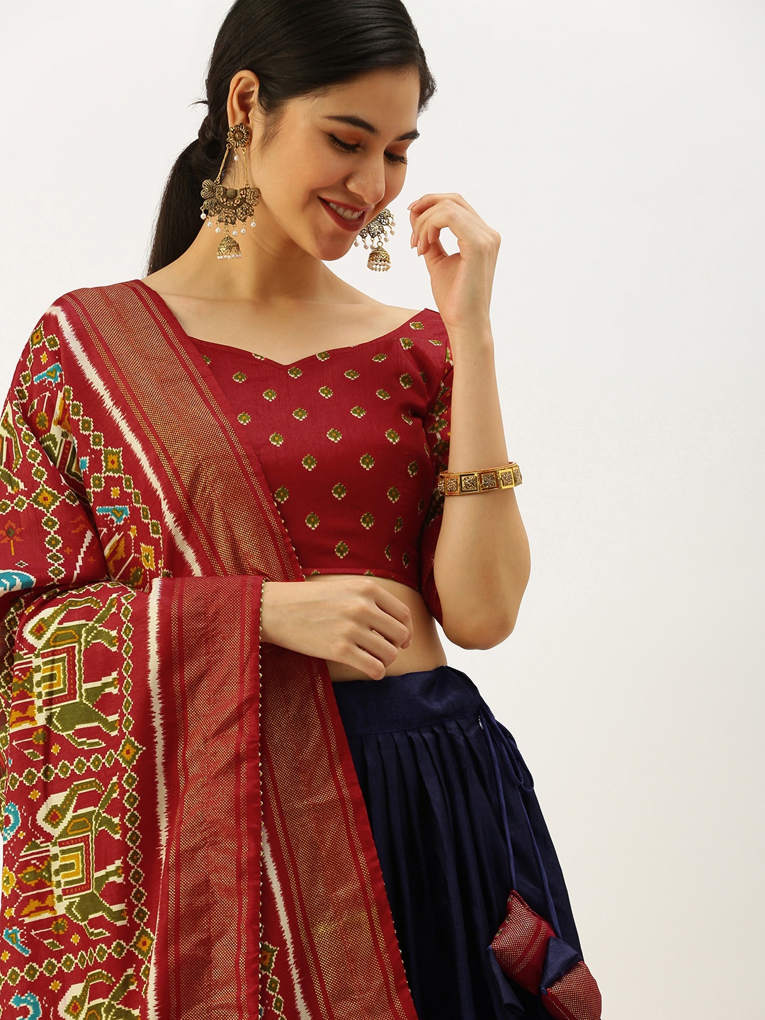 

LOOKNBOOK ART Navy Blue & Red Printed Semi-Stitched Lehenga & Unstitched Blouse With Dupatta