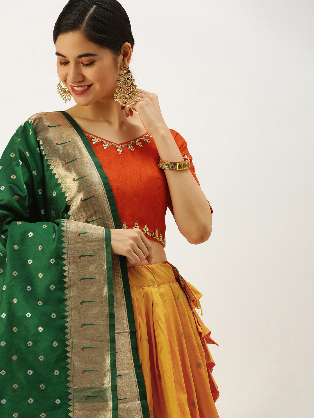 

LOOKNBOOK ART Green Printed Semi-Stitched Lehenga & Unstitched Blouse With Dupatta, Na