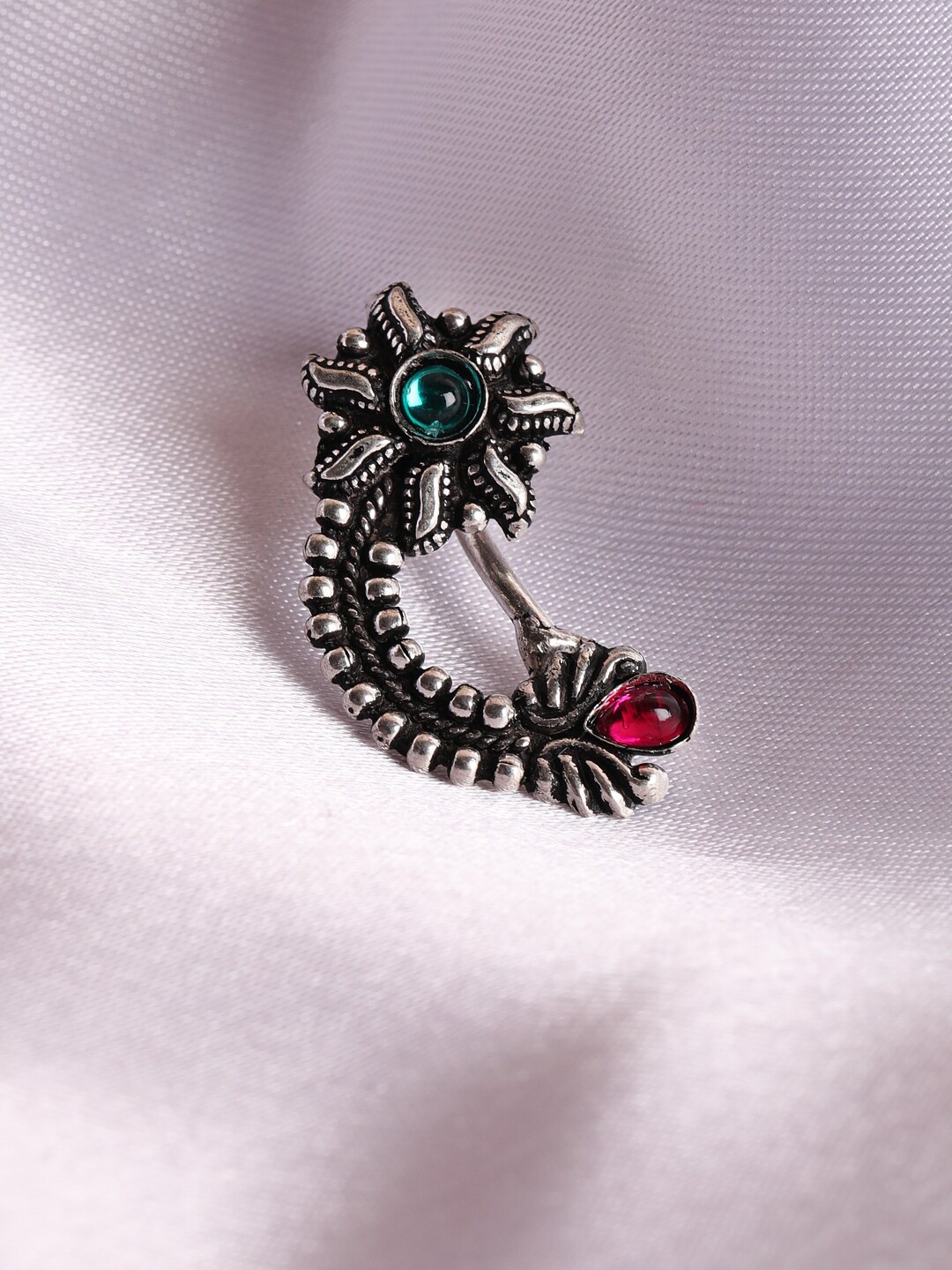 

Jazz and Sizzle Jazz and Sizzle Oxidised Sliver-Plated Red Stone Studded Nose Pin, Silver