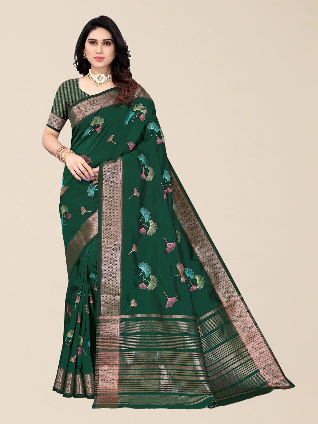 

SERONA FABRICS Green & Pink Floral Embroidered Silk Cotton Saree