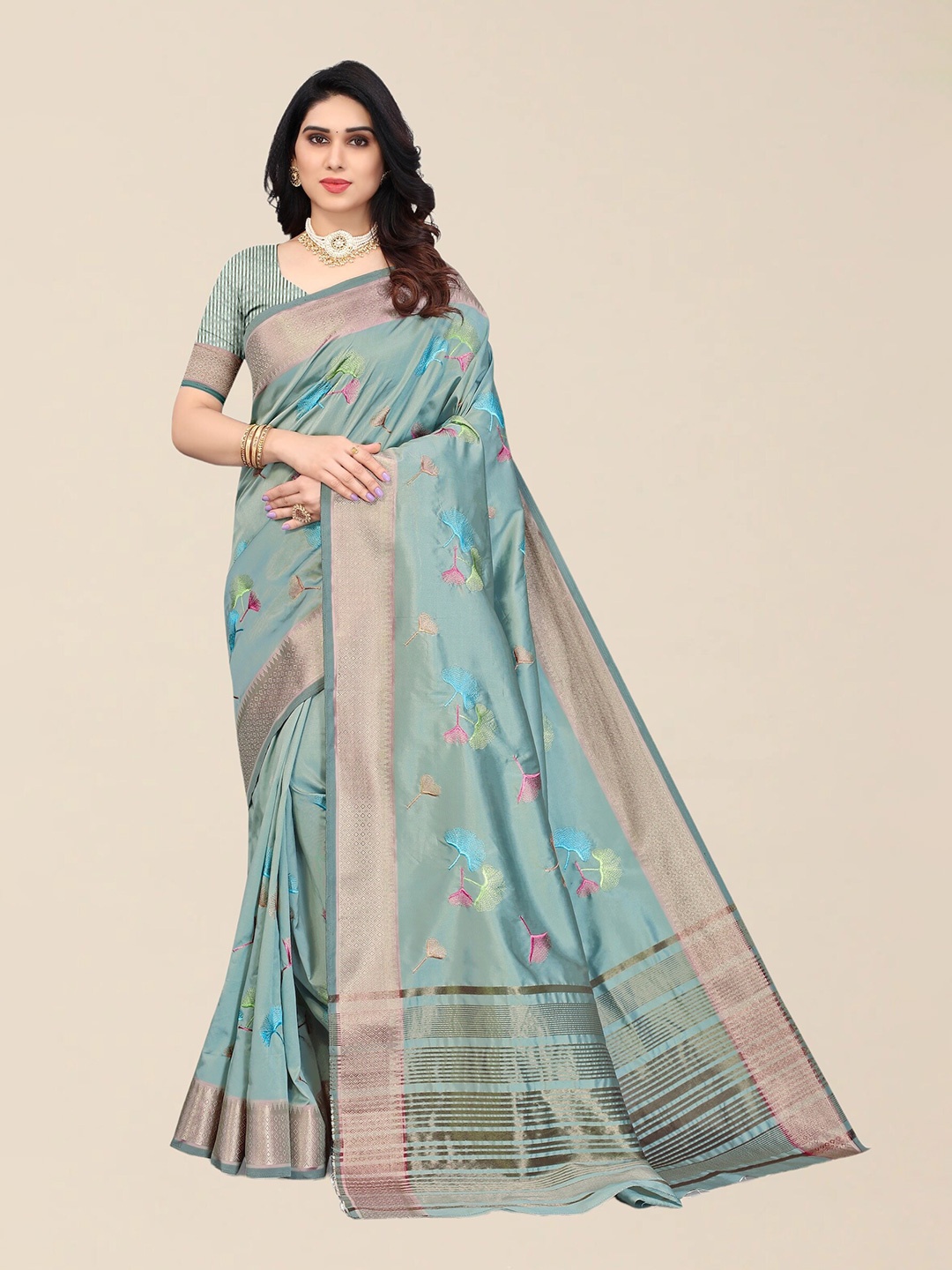 

SERONA FABRICS Turquoise Blue & Pink Floral Thread Embroidery CottonSilk Saree