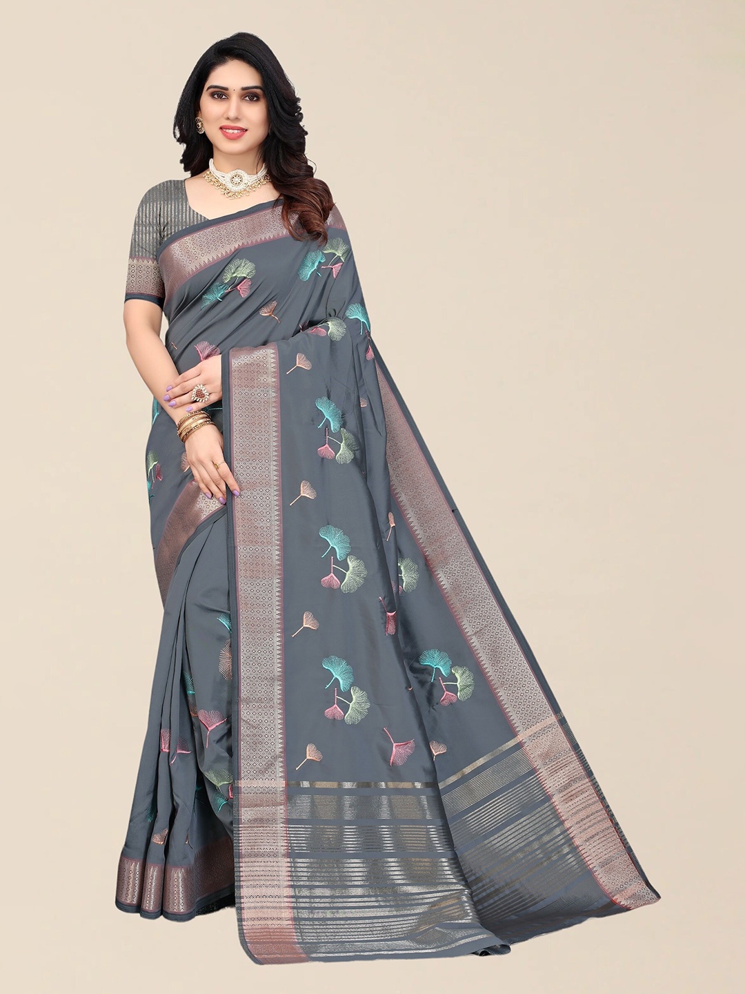 

SERONA FABRICS Grey & Pink Floral Embroidered Silk Cotton Saree