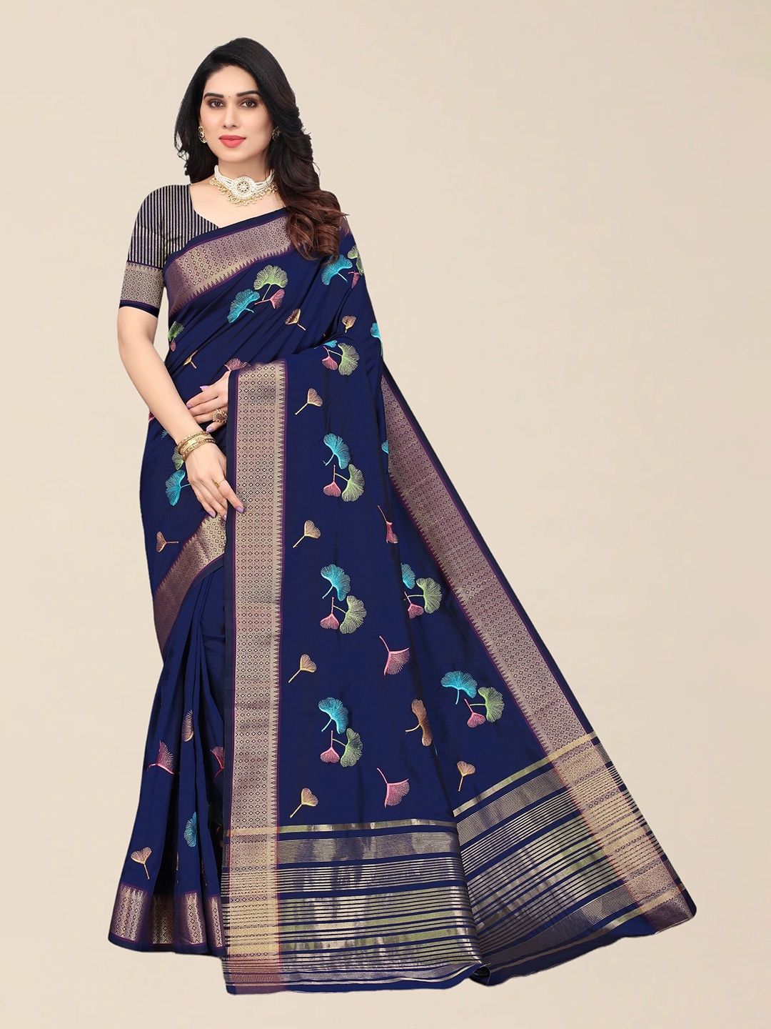 

SERONA FABRICS Blue & Pink Floral Embroidered Silk Cotton Saree