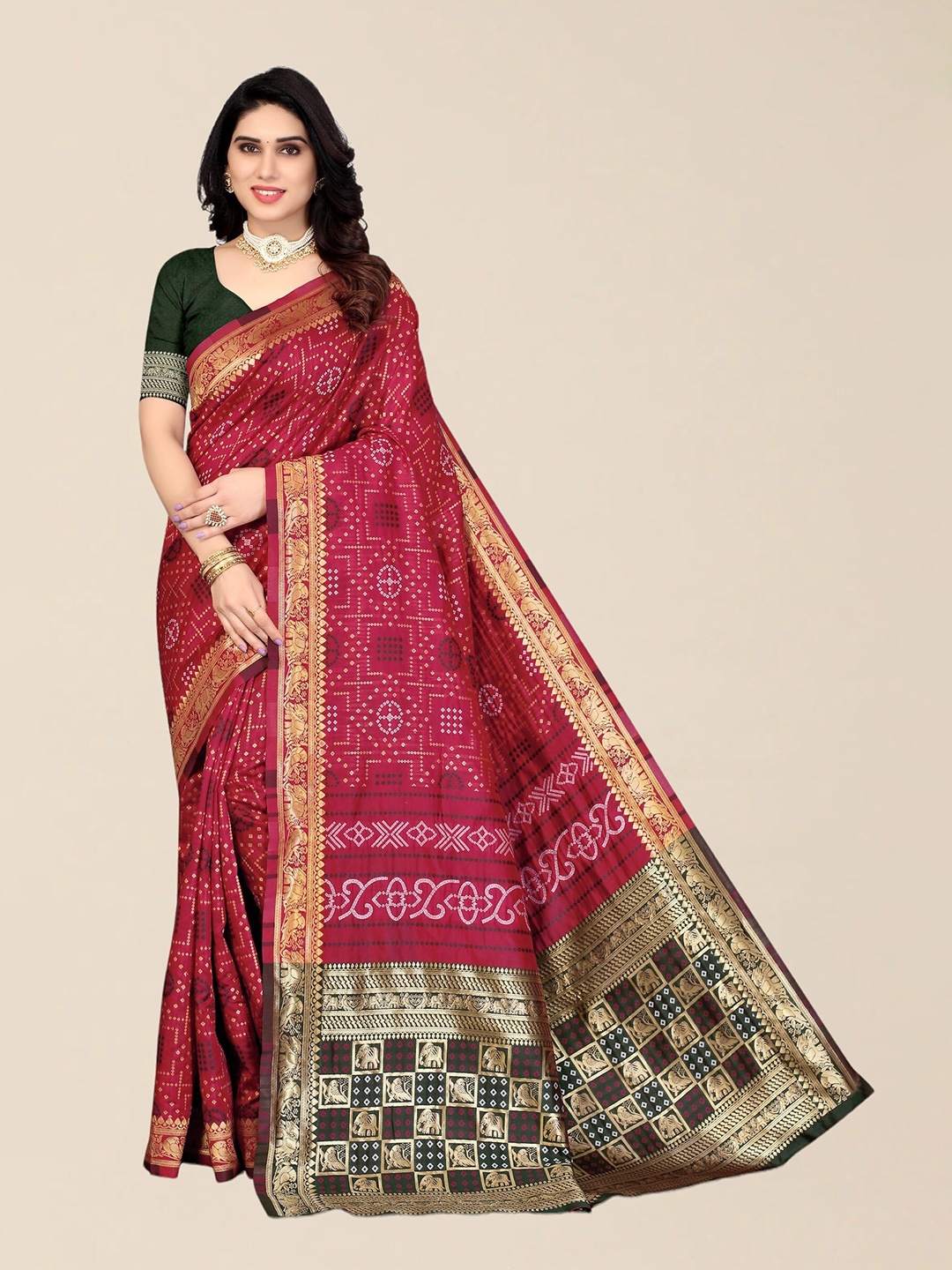 

SERONA FABRICS Maroon & Black Zari Silk Cotton Bandhani Saree