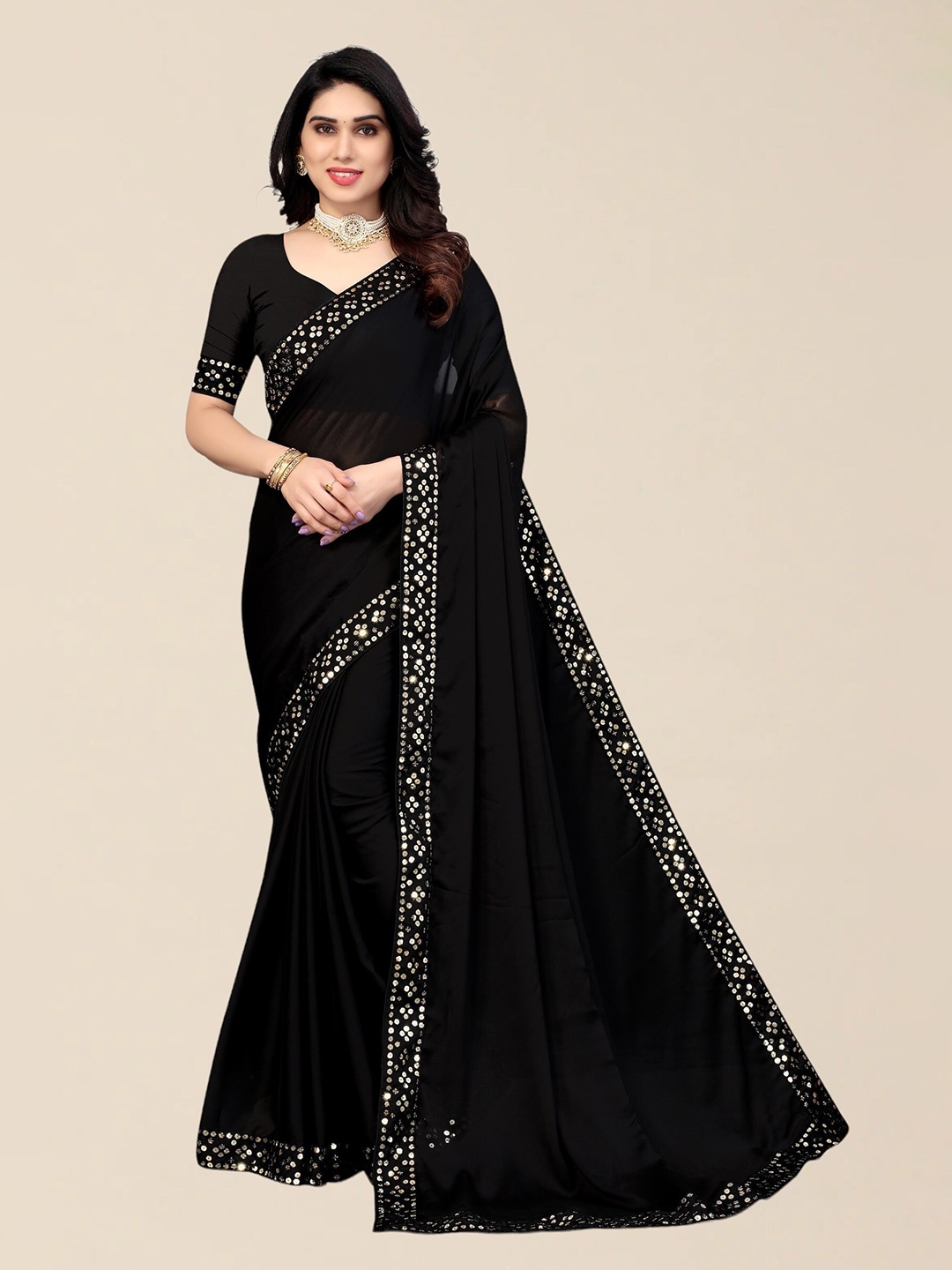 

SERONA FABRICS Black Embellished Sequinned Silk Blend Saree