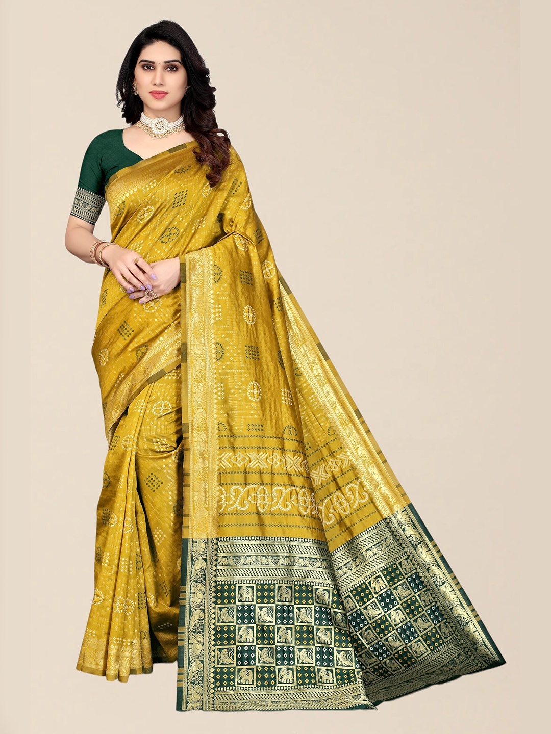 

SERONA FABRICS Yellow & Green Bandhani Zari Silk Cotton Bandhani Saree