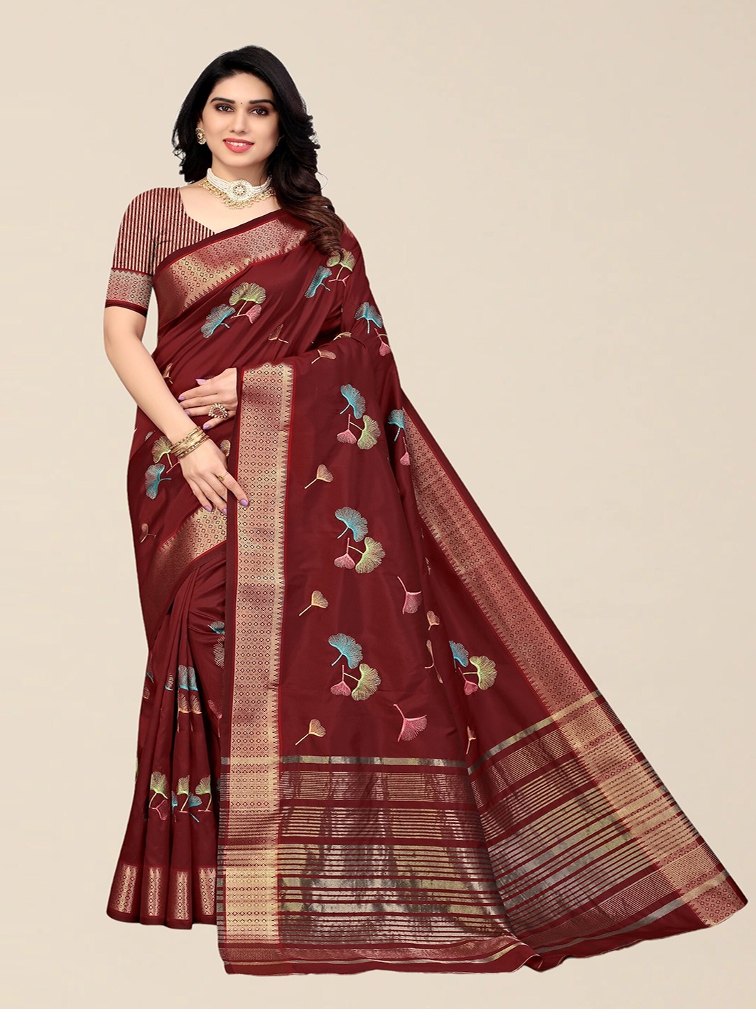 

SERONA FABRICS Maroon & Gold-Toned Floral Embroidered Silk Cotton Saree