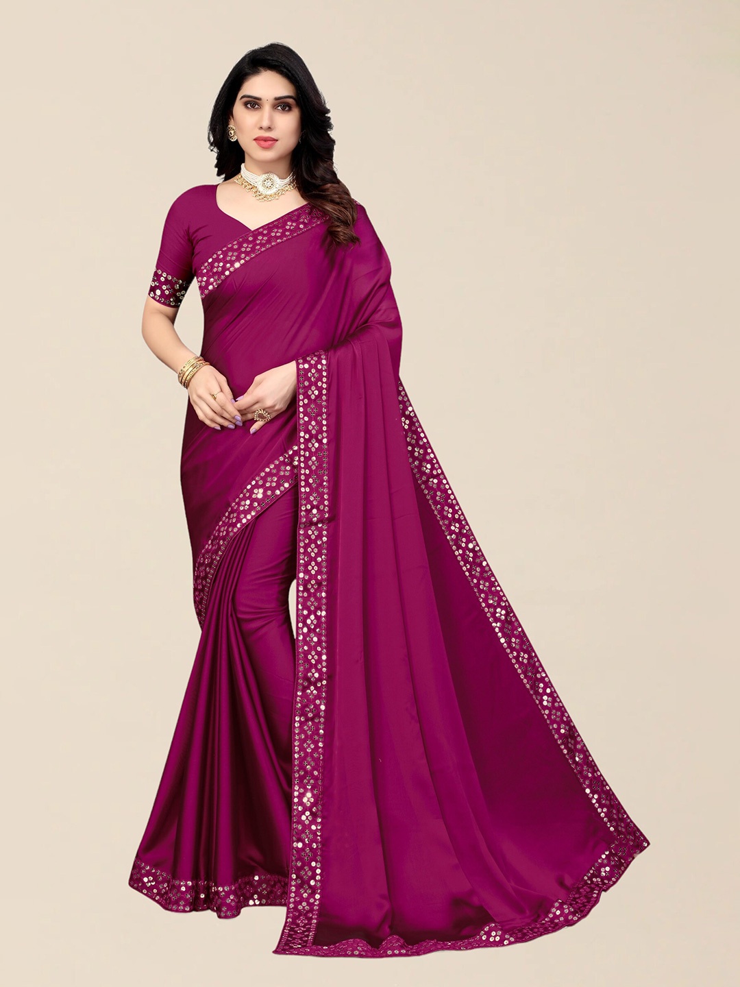 

SERONA FABRICS Pink Sequinned Silk Blend Saree With Blouse Piece