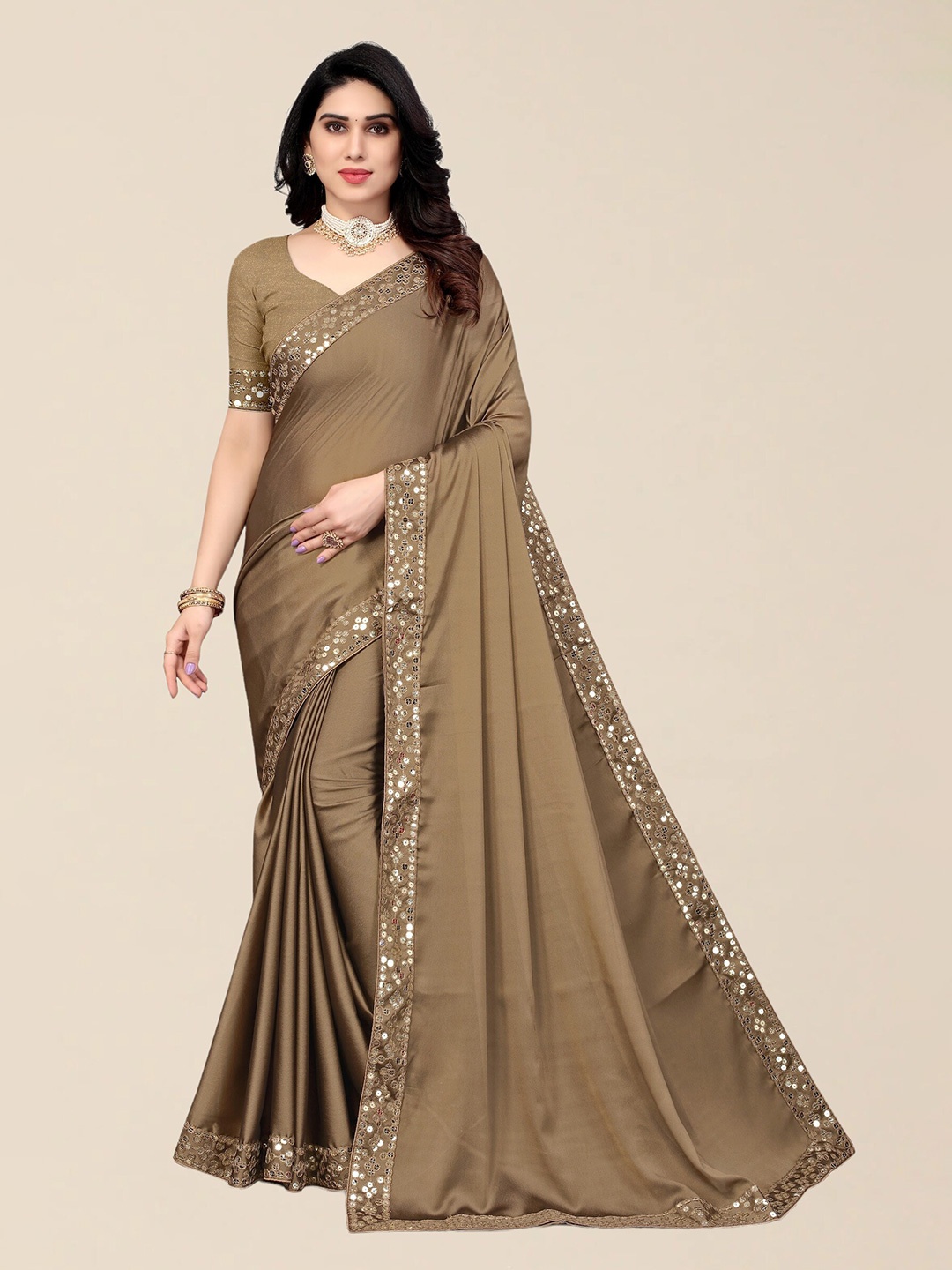 

SERONA FABRICS Women Beige Sequinned Silk Blend Saree