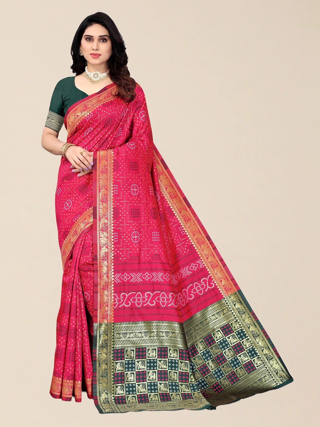 

SERONA FABRICS Pink & Green Bandhani Zari Silk Cotton Bandhani Saree