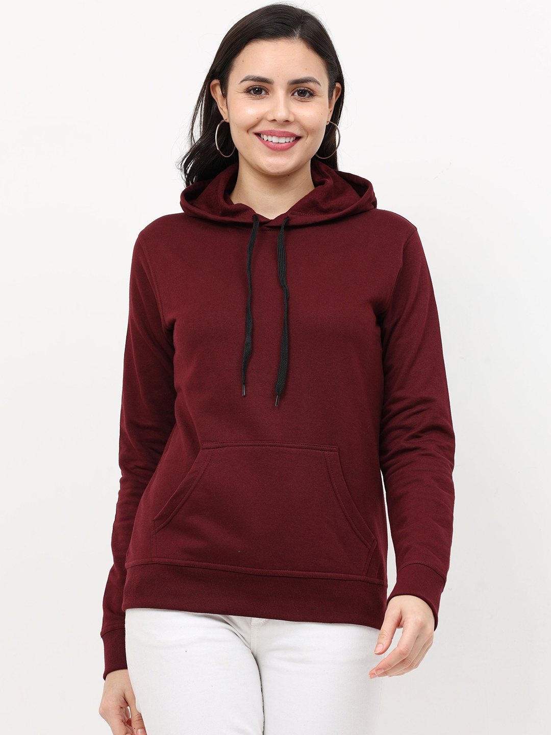 

Fleximaa Women Maroon Hooded Sweatshirt