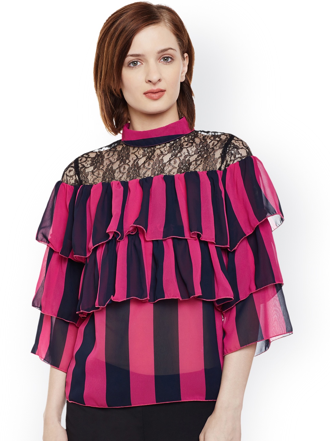 

Belle Fille Women Pink Striped Tiered Top