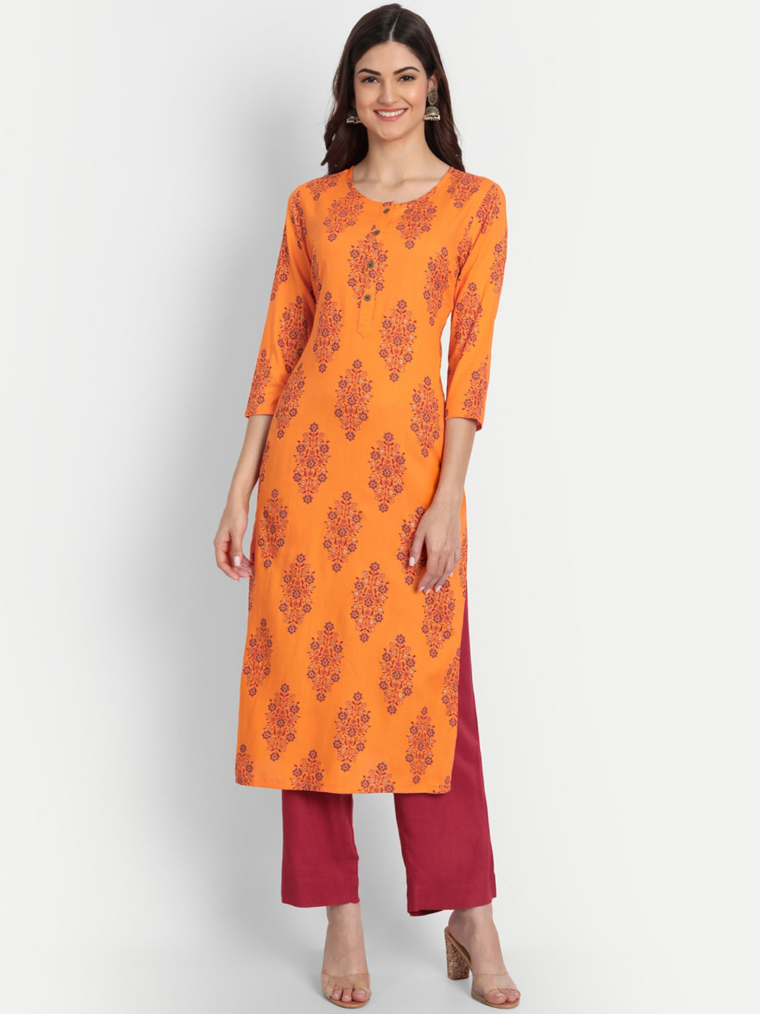 

fabGLOBAL Women Orange Ethnic Motifs Printed Kurta with Trousers