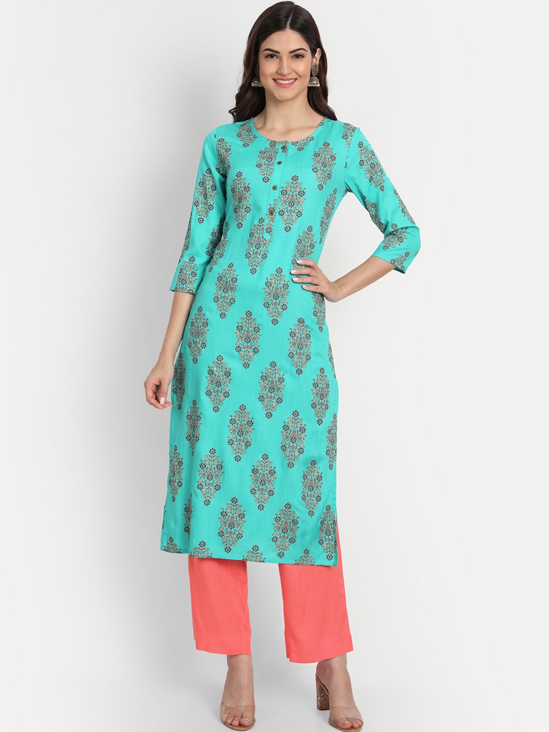 

fabGLOBAL Women Green And Peach Floral Printed Kurti With Trouser