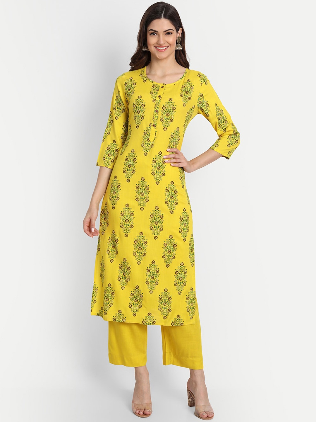 

fabGLOBAL Women Yellow Floral Printed Kurta with Trousers