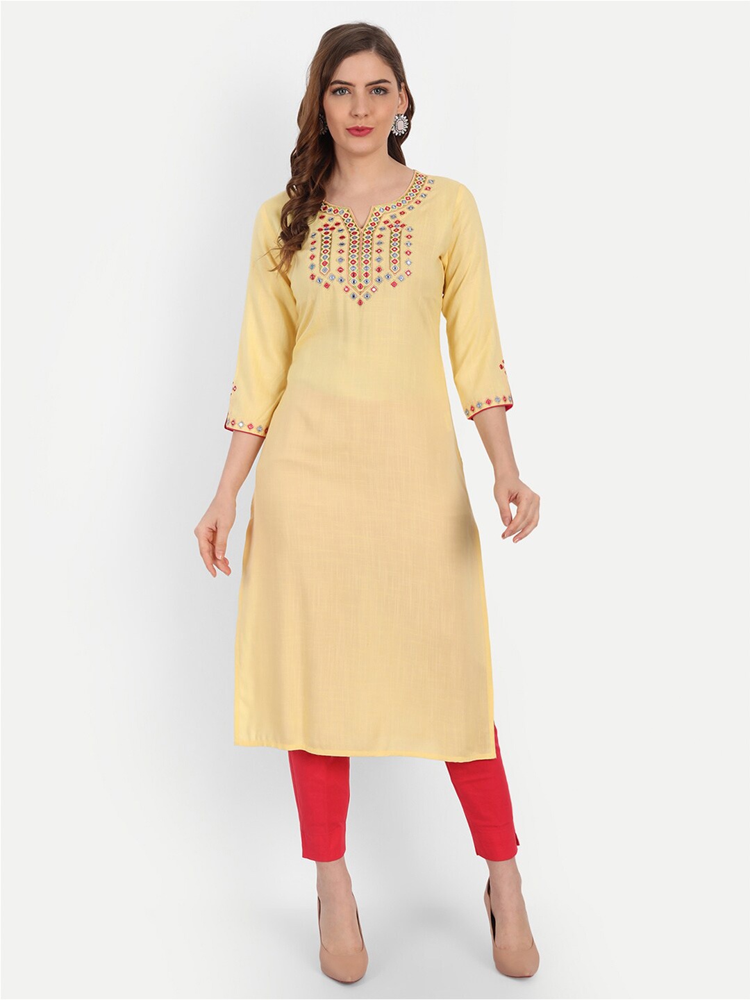 

SUTI Women Yellow & Red Embroidered Gotta Patti Kurta