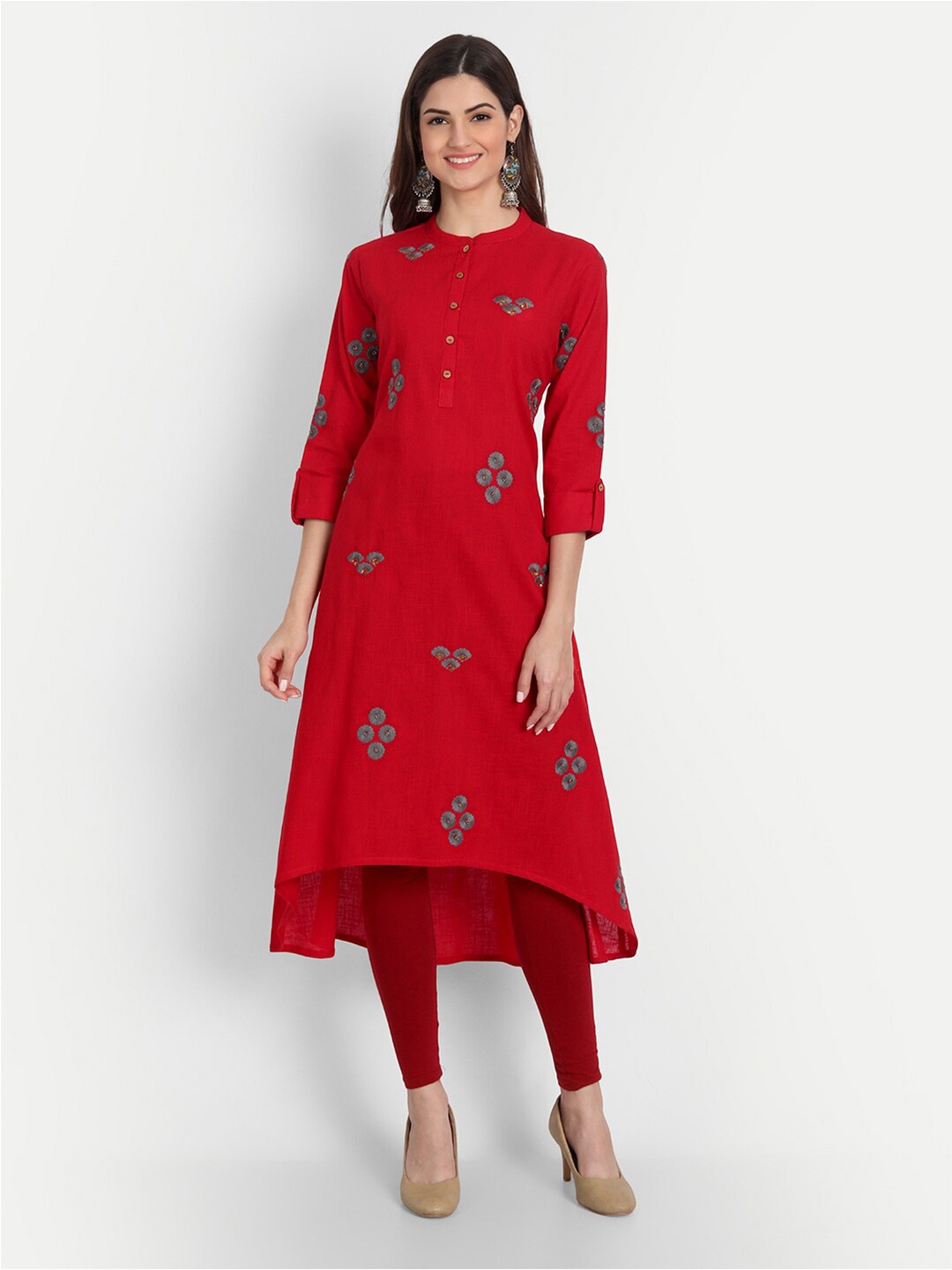

SUTI Women Red & Grey Embroidered Kurta