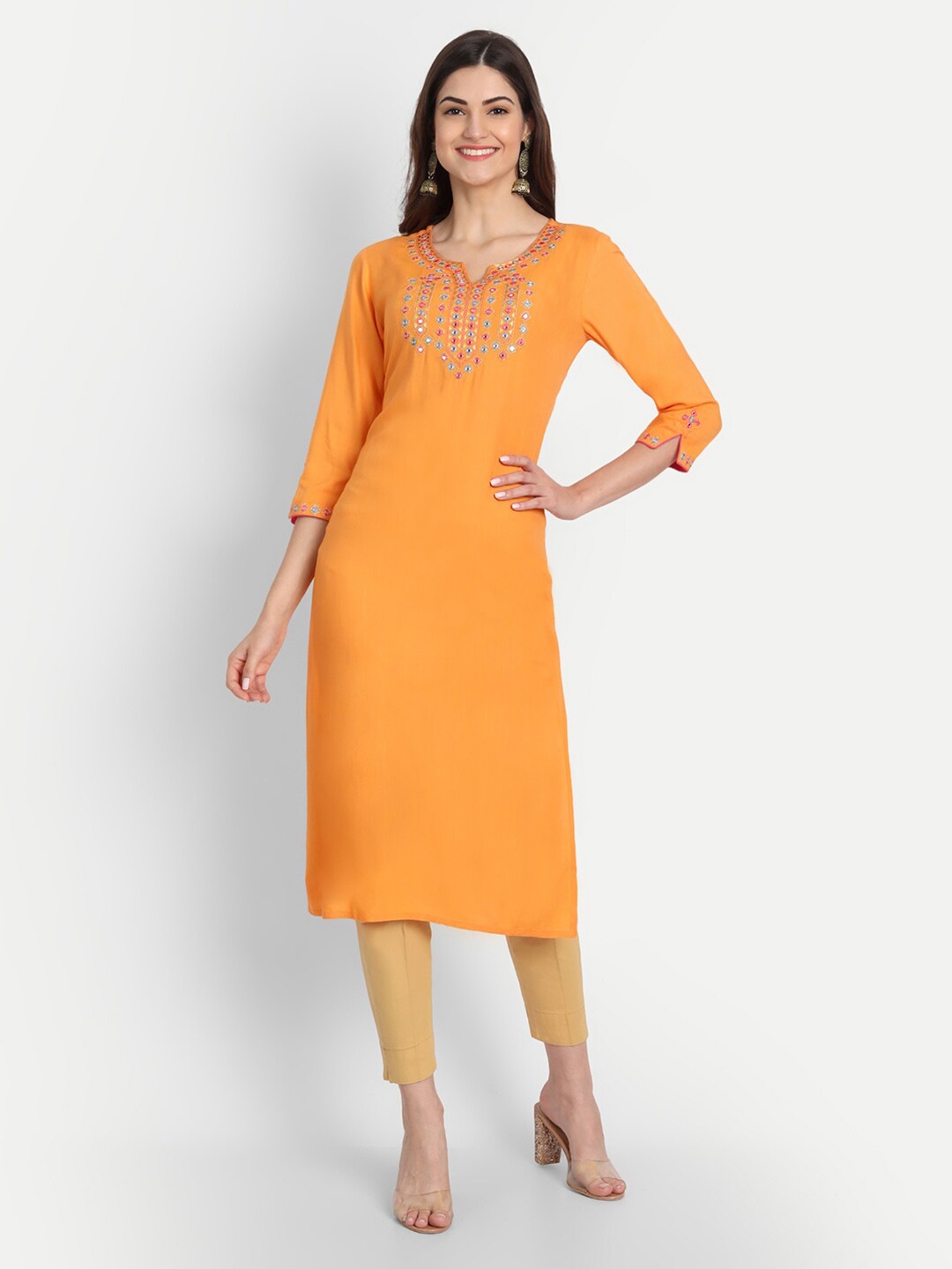 

SUTI Women Yellow Ethnic Motifs Embroidered Mirror Work Kurta
