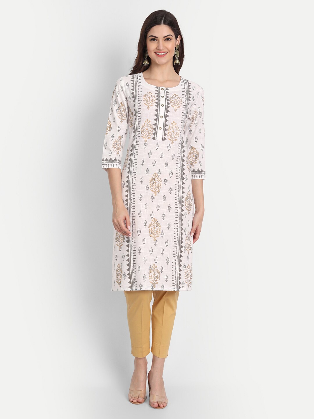 

SUTI Women Off White & Grey Ethnic Motifs Printed Cotton Kurta