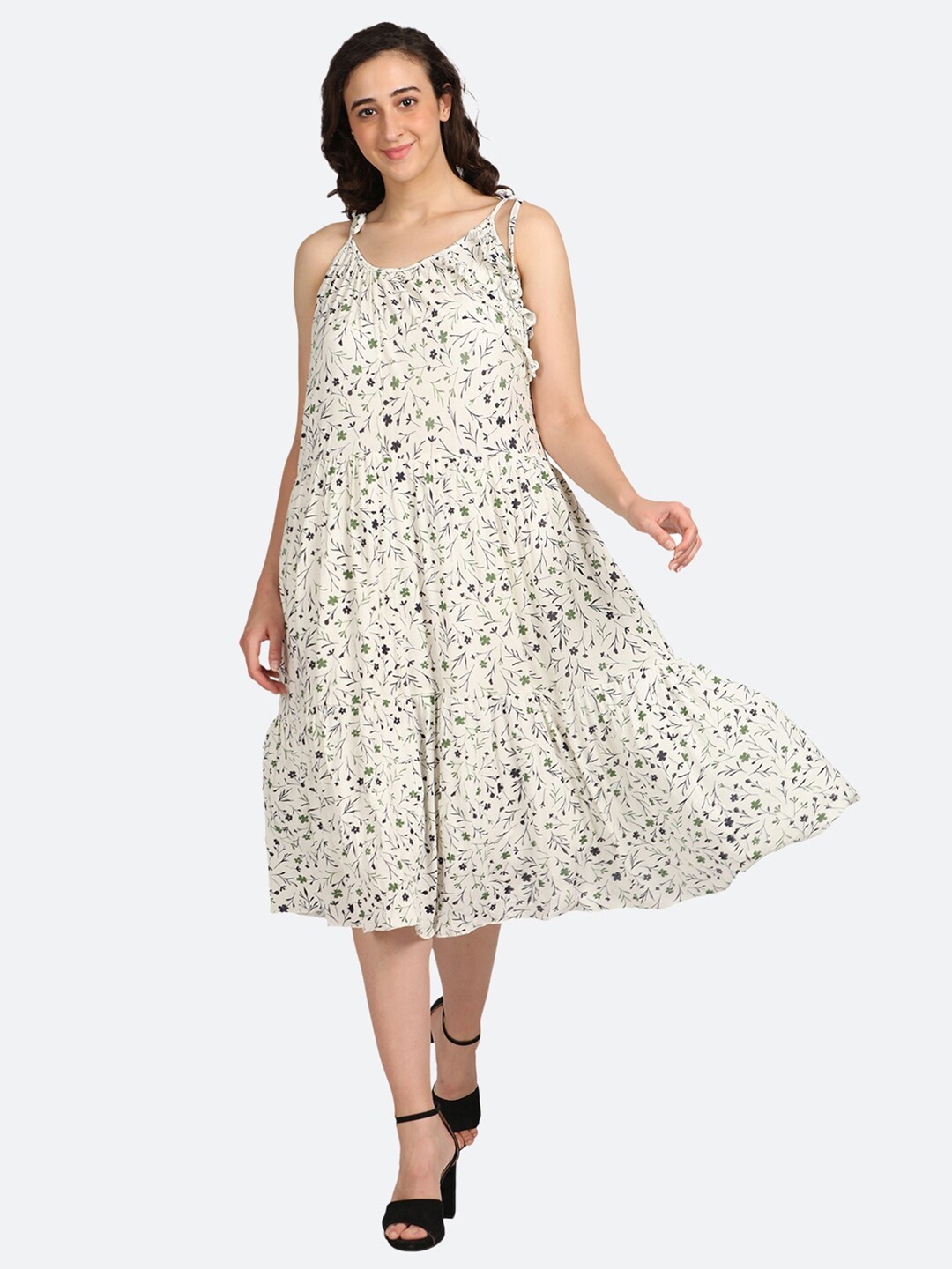 

BOLDMISS White Floral A-Line Midi Dress