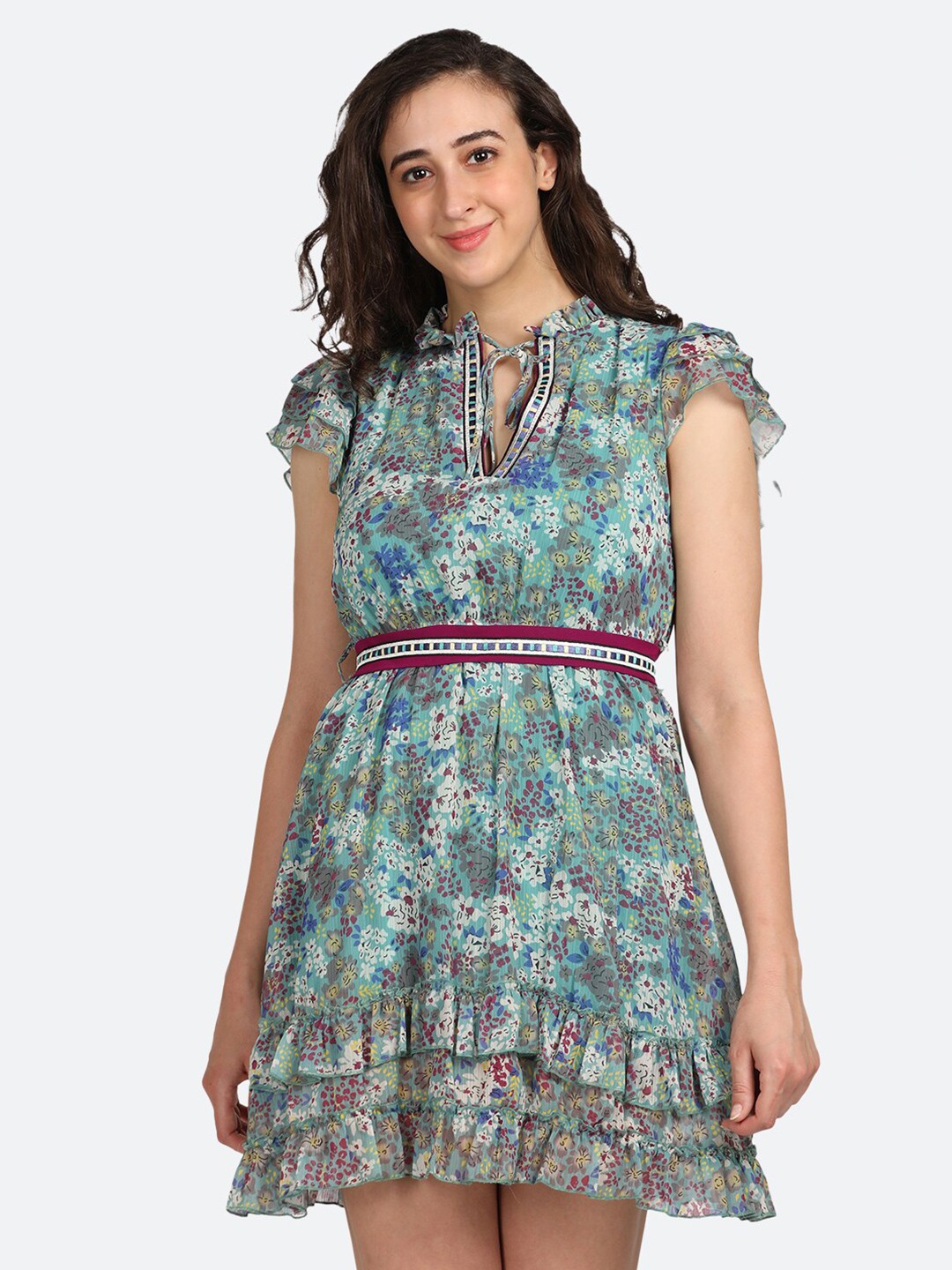 

BOLDMISS Blue Floral Tie-Up Neck Layered Dress