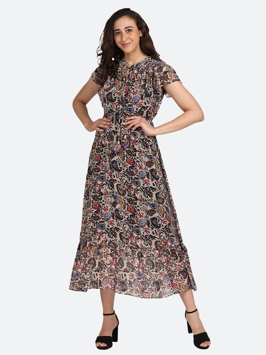 

BOLDMISS Multicoloured Floral Chiffon A-Line Midi Dress, Multi