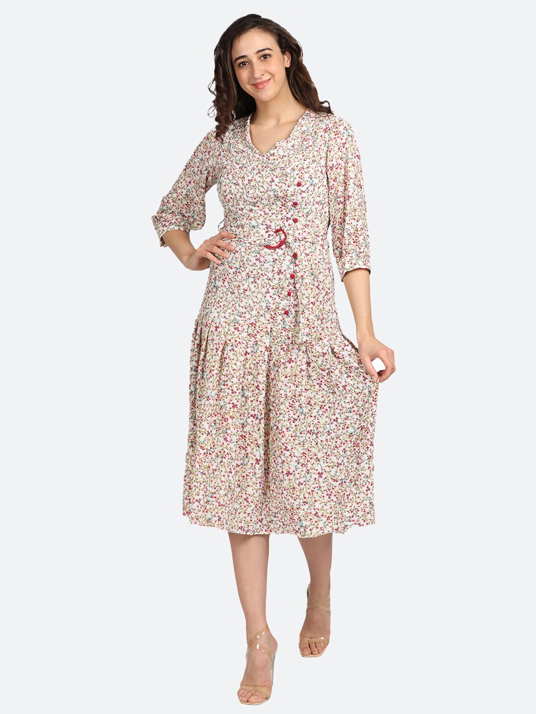 

BOLDMISS White Floral A-Line Midi Dress