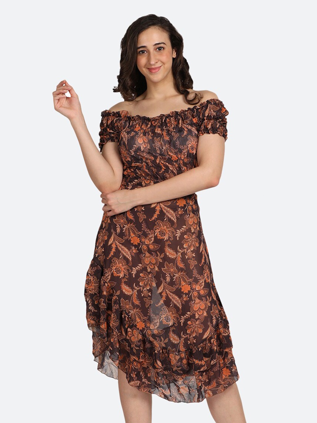 

BOLDMISS Brown Floral Off-Shoulder Layered Chiffon Midi Dress