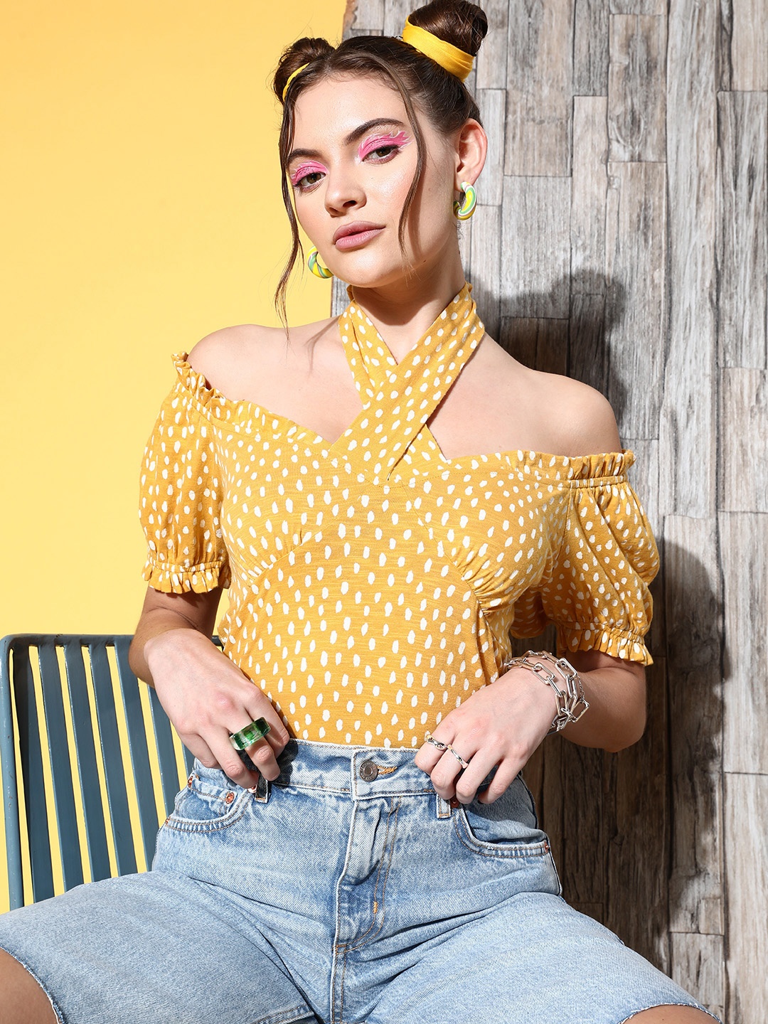 

Berrylush Women Bright Yellow Polka Dotted New Neckline Tshirt