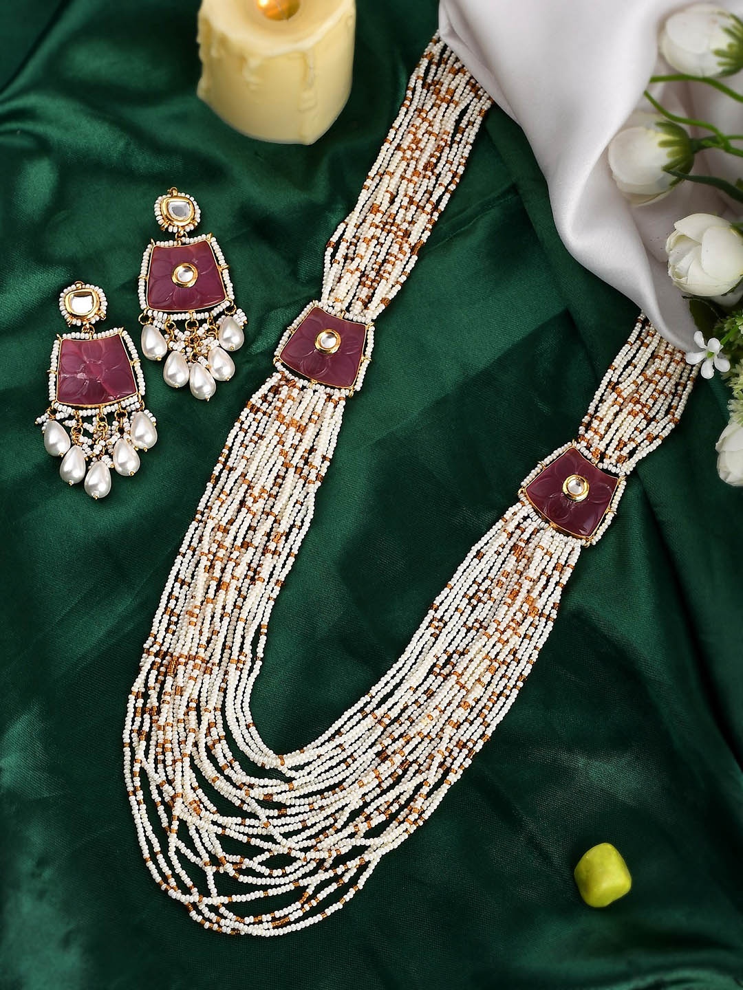 

DASTOOR Gold-Plated Pink & White Kundan Studded & Beaded Jewellery Set