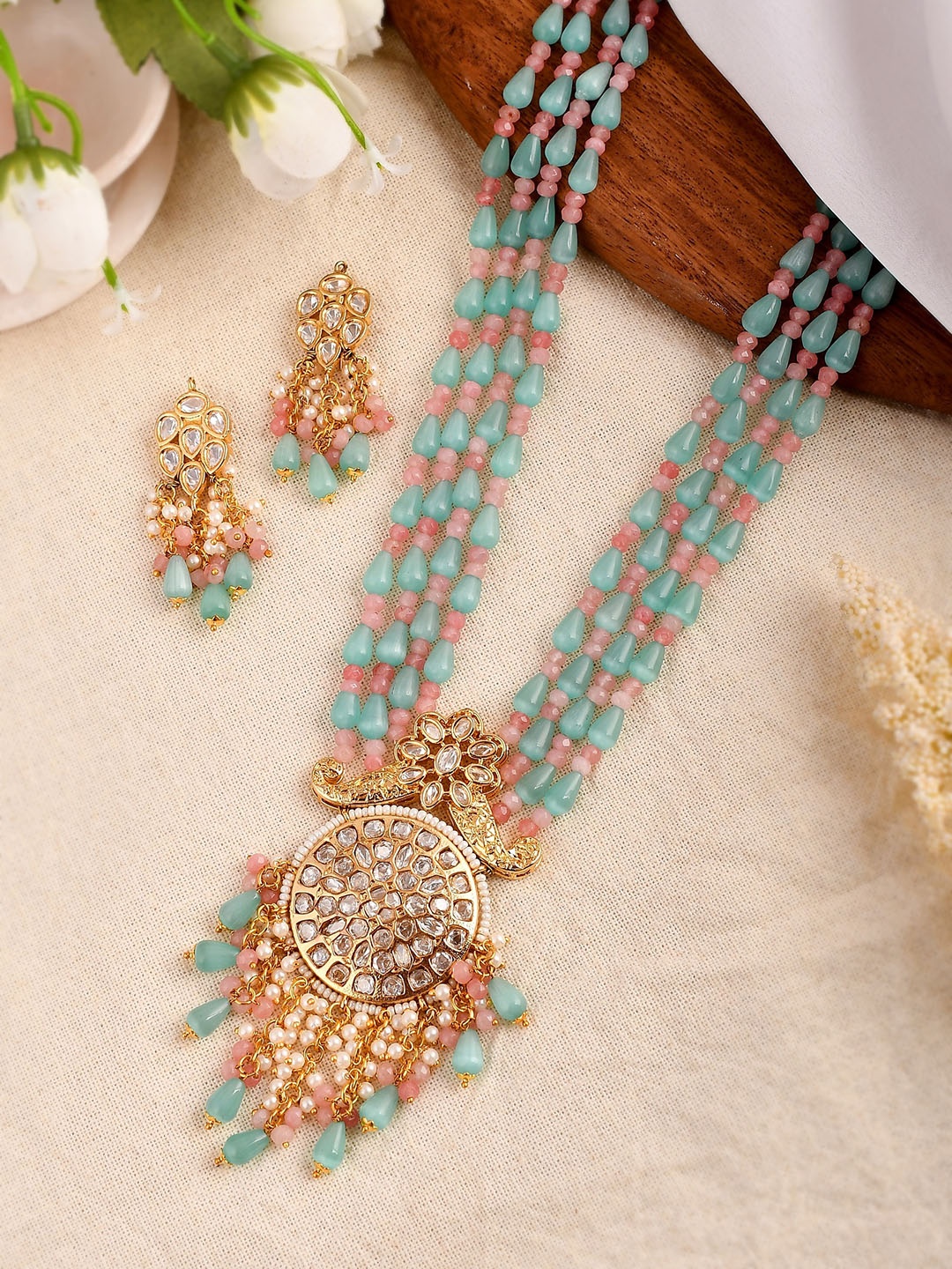 

DASTOOR Gold-Plated Blue Kundan Polki Jewellery Set