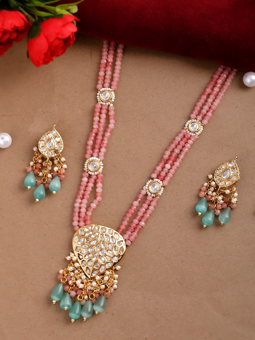 

DASTOOR Gold-Plated Pink & Sea-Green Kundan Polki Jewellery Set