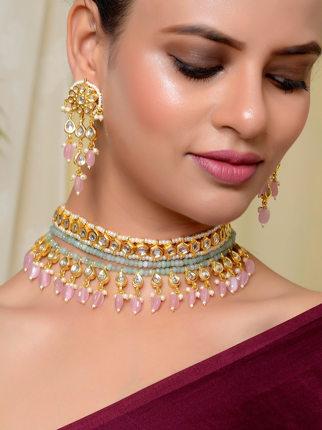 

DASTOOR Gold-Plated Pink & Green Kundan-Studded & Beaded Jewellery Set