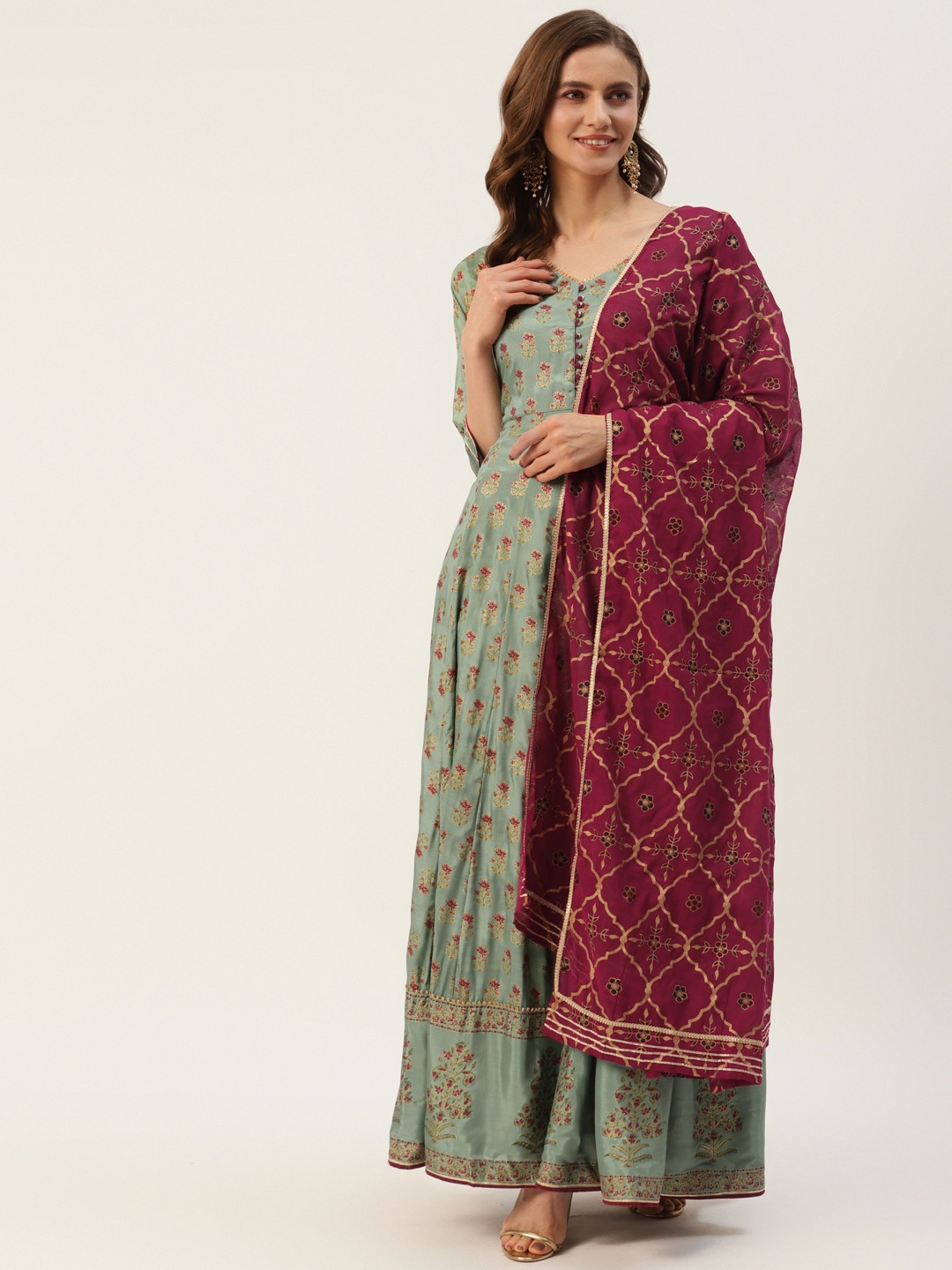 

DIVYANK Women Turquoise Blue & Maroon Floral Printed Anarkali Kurta with Dupatta