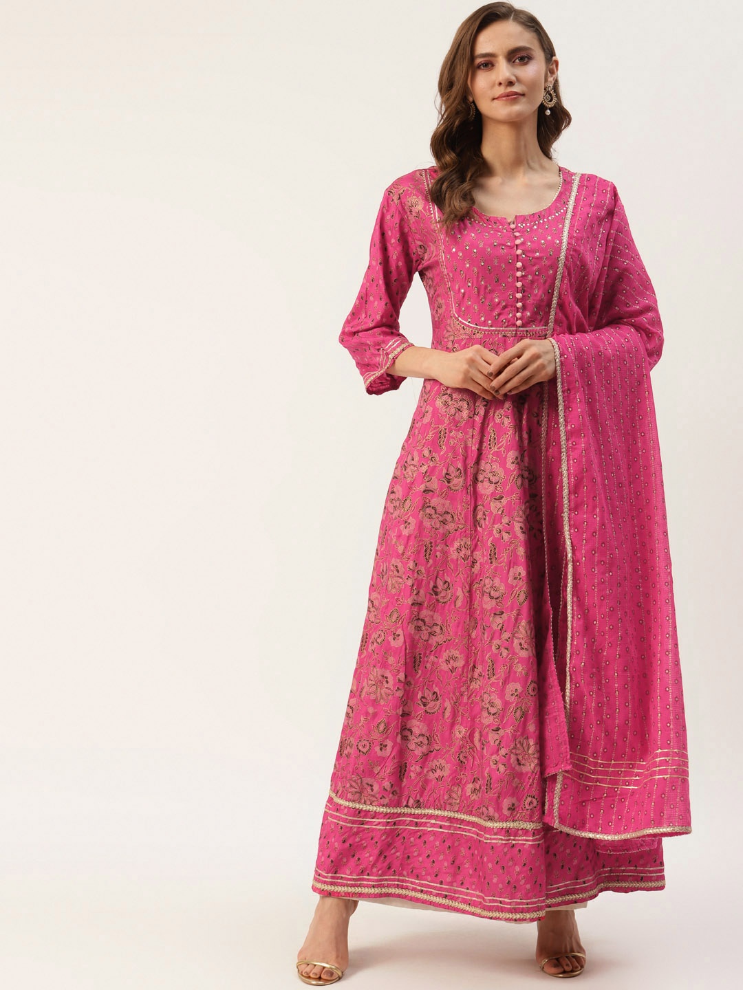 

DIVYANK Women Fuchsia Pink & Brown Floral Printed Anarkali Kurta with Dupatta