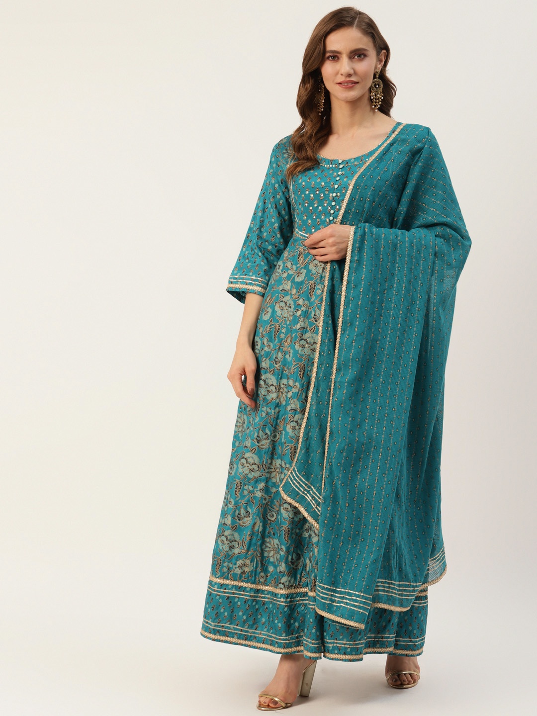 

DIVYANK Women Teal Blue Floral Print Anarkali Kurta with Dupatta