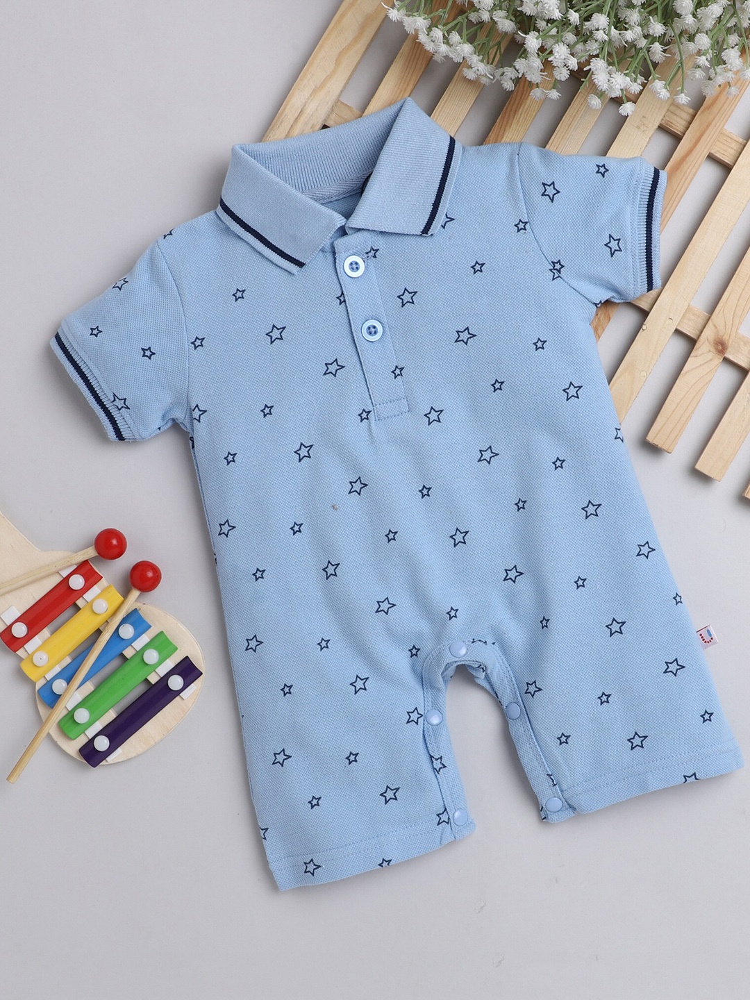 

BUMZEE Boys Blue Printed Pure Cotton Rompers